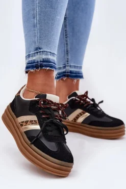 Sale Boto Sneakersy Damskie Na Platformie Z Podwójnym Sznurowaniem Panterka Czarne Niteria