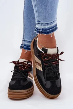Sale Boto Sneakersy Damskie Na Platformie Z Podwójnym Sznurowaniem Panterka Czarne Niteria