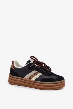 Sale Boto Sneakersy Damskie Na Platformie Z Podwójnym Sznurowaniem Panterka Czarne Niteria