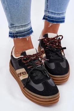 Sale Boto Sneakersy Damskie Na Platformie Z Podwójnym Sznurowaniem Panterka Czarne Niteria