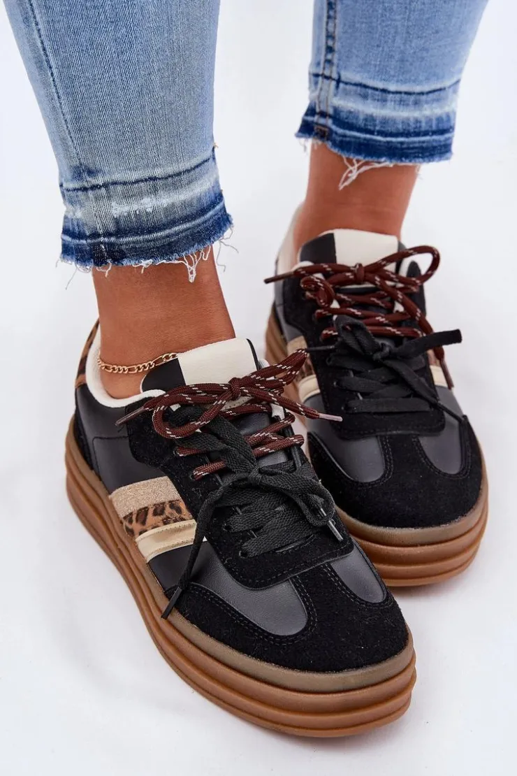 Sale Boto Sneakersy Damskie Na Platformie Z Podwójnym Sznurowaniem Panterka Czarne Niteria