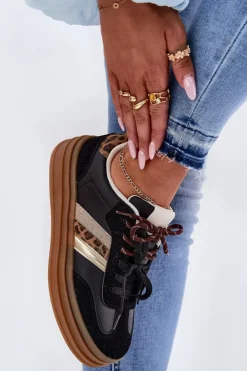 Sale Boto Sneakersy Damskie Na Platformie Z Podwójnym Sznurowaniem Panterka Czarne Niteria