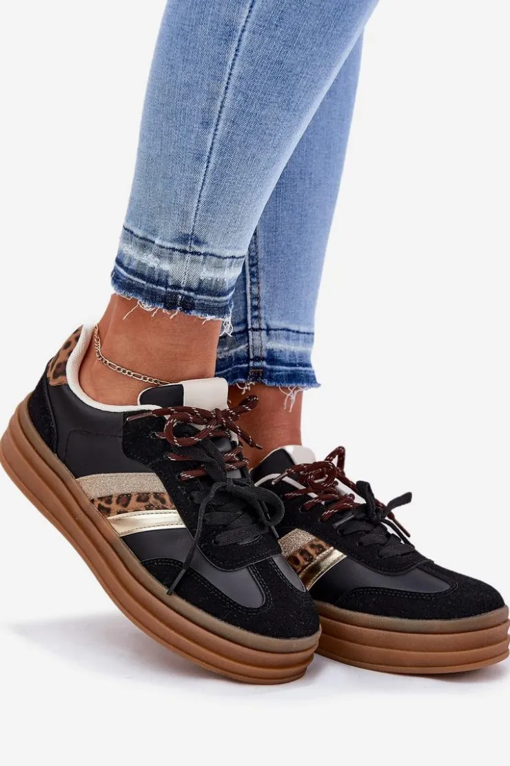 Sale Boto Sneakersy Damskie Na Platformie Z Podwójnym Sznurowaniem Panterka Czarne Niteria