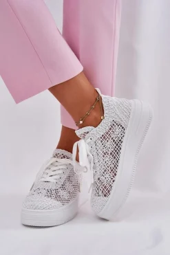 Boto Sneakersy Damskie*Sneakersy Damskie Na Platformie Z Szydełkową Cholewką Białe Mirietto