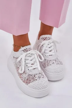 Boto Sneakersy Damskie*Sneakersy Damskie Na Platformie Z Szydełkową Cholewką Białe Mirietto