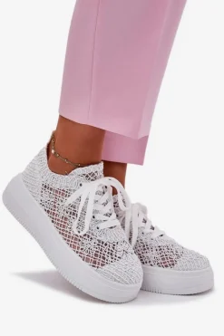 Boto Sneakersy Damskie*Sneakersy Damskie Na Platformie Z Szydełkową Cholewką Białe Mirietto