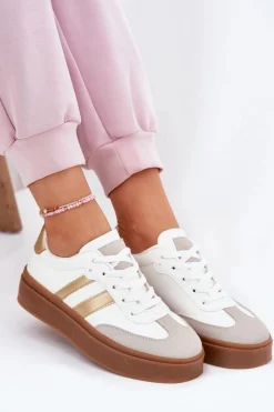 Boto Sneakersy Damskie*Sneakersy Damskie Na Platformie Z Eko Skóry Biało-Złote Elaraven