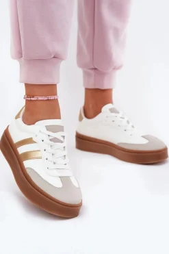Boto Sneakersy Damskie*Sneakersy Damskie Na Platformie Z Eko Skóry Biało-Złote Elaraven
