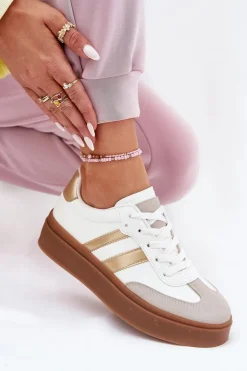 Boto Sneakersy Damskie*Sneakersy Damskie Na Platformie Z Eko Skóry Biało-Złote Elaraven