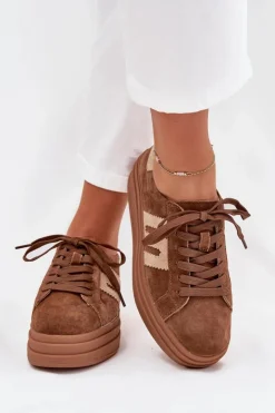 Clearance Boto Sneakersy Damskie Na Platformie Z Naturalnego Zamszu Camel Eldira Brązowy