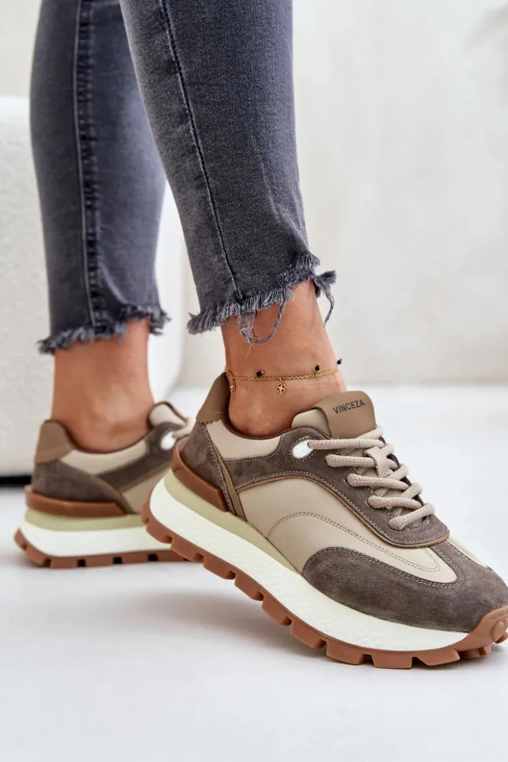 Online Buty damskie Vinceza Sneakersy Damskie Na Platformie Ze Skóry Naturalnej Vinceza 41465 Beżowe