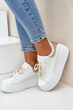 Damskie Boto Sneakersy Damskie Na Platformie Z Ozdobami Biało-Złote Lerissna