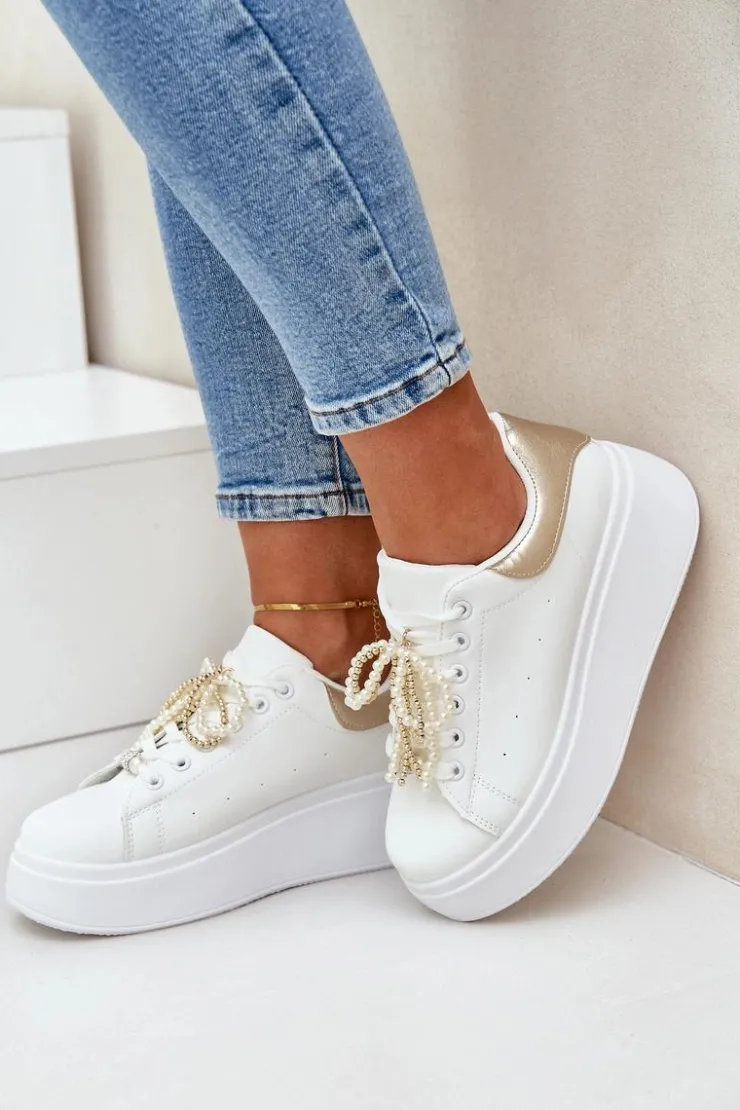 Damskie Boto Sneakersy Damskie Na Platformie Z Ozdobami Biało-Złote Lerissna