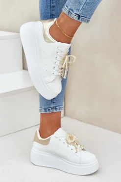 Damskie Boto Sneakersy Damskie Na Platformie Z Ozdobami Biało-Złote Lerissna