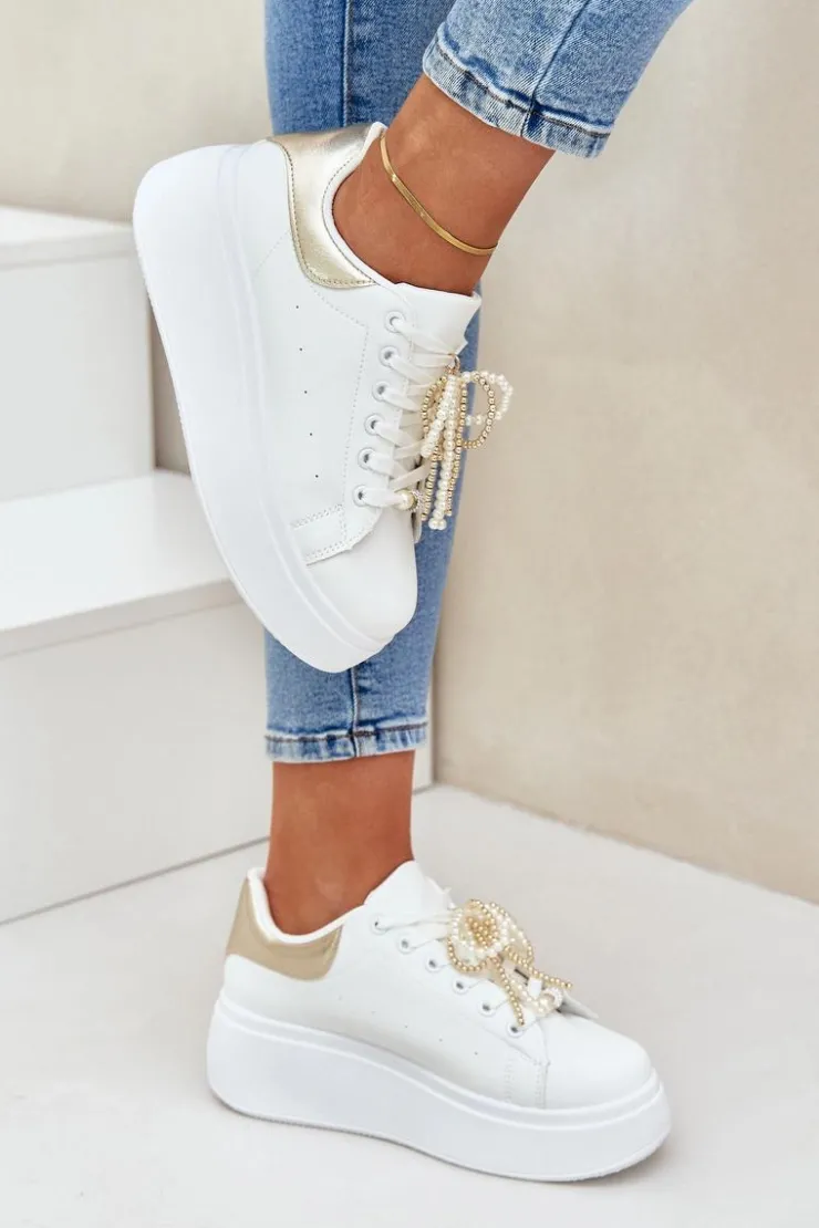 Damskie Boto Sneakersy Damskie Na Platformie Z Ozdobami Biało-Złote Lerissna