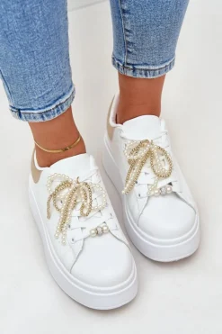 Damskie Boto Sneakersy Damskie Na Platformie Z Ozdobami Biało-Złote Lerissna