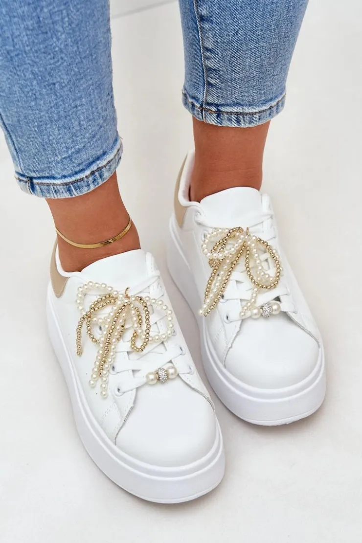 Damskie Boto Sneakersy Damskie Na Platformie Z Ozdobami Biało-Złote Lerissna
