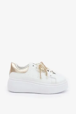 Damskie Boto Sneakersy Damskie Na Platformie Z Ozdobami Biało-Złote Lerissna