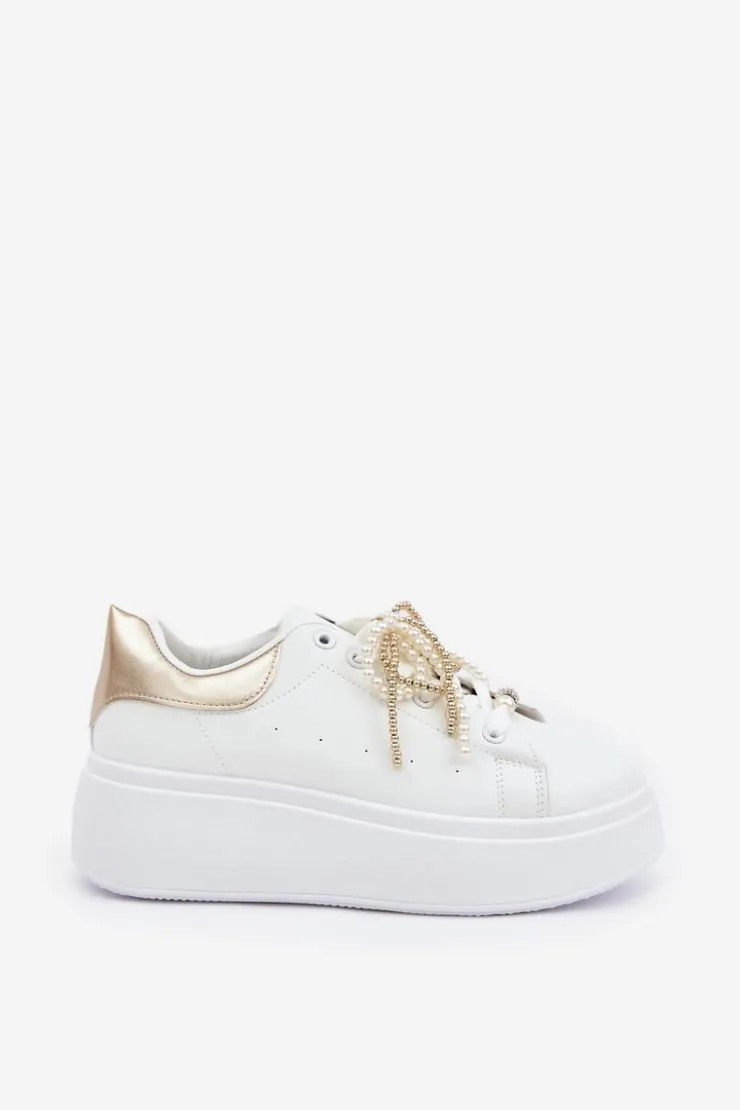 Damskie Boto Sneakersy Damskie Na Platformie Z Ozdobami Biało-Złote Lerissna