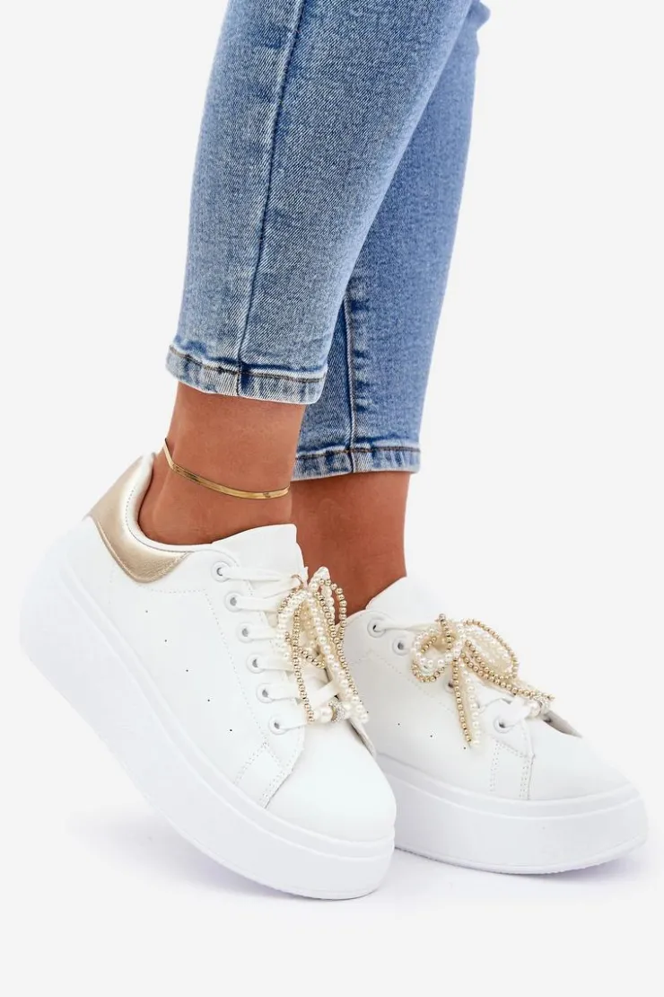 Damskie Boto Sneakersy Damskie Na Platformie Z Ozdobami Biało-Złote Lerissna