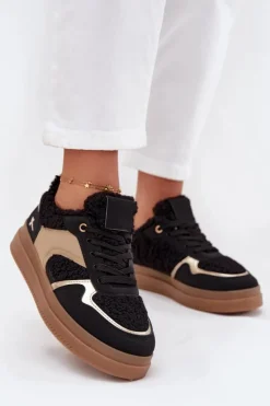 Discount Boto Sneakersy Damskie Na Platformie Z Futerkiem Typu Baranek Czarne Frelina