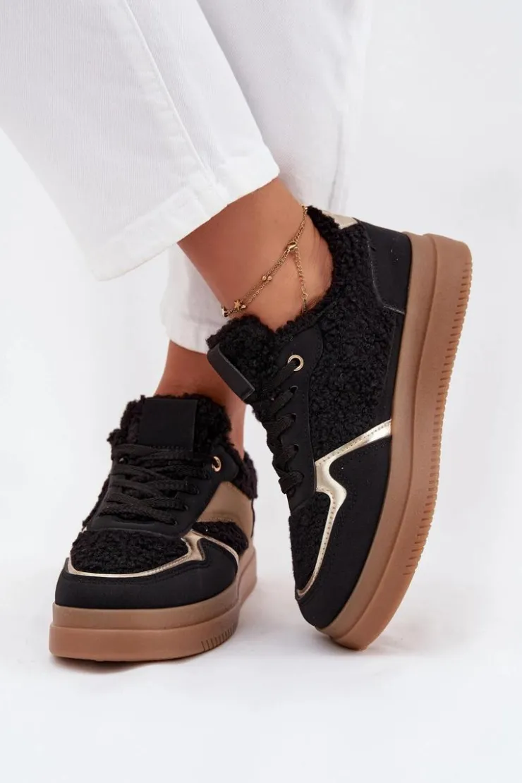Discount Boto Sneakersy Damskie Na Platformie Z Futerkiem Typu Baranek Czarne Frelina