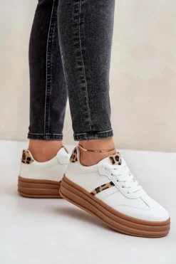 Boto Sneakersy Damskie*Sneakersy Damskie Na Platformie Panterka Białe Dravinnia Biały