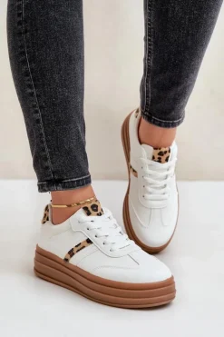 Boto Sneakersy Damskie*Sneakersy Damskie Na Platformie Panterka Białe Dravinnia Biały