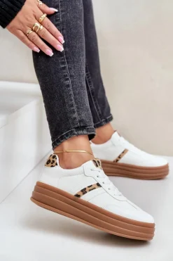 Boto Sneakersy Damskie*Sneakersy Damskie Na Platformie Panterka Białe Dravinnia Biały