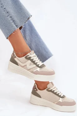 Damskie Boto Sneakersy Damskie Na Platformie Panterka Beżowe Kelsia
