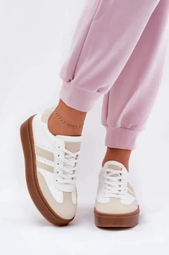 Damskie Evento Sneakersy Damskie Na Platformie Z Eko Skóry Beżowo-Białe Ediriella