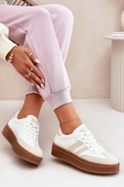 Damskie Evento Sneakersy Damskie Na Platformie Z Eko Skóry Beżowo-Białe Ediriella