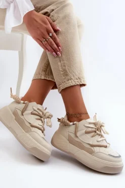 Boto Sneakersy Damskie*Sneakersy Damskie Na Platformie Beżowe Moariella Beżowy