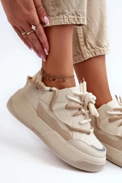 Boto Sneakersy Damskie*Sneakersy Damskie Na Platformie Beżowe Moariella Beżowy