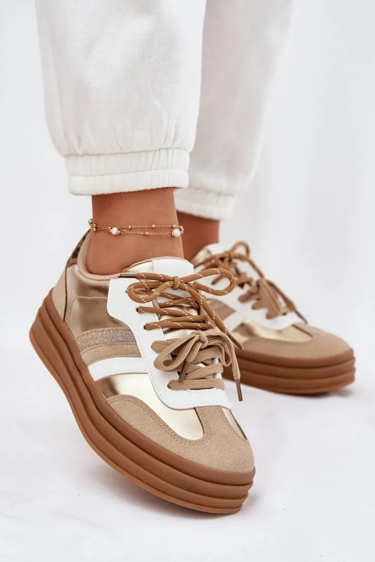 Boto Sneakersy Damskie*Sneakersy Damskie Na Platformie Z Podwójnym Sznurowaniem Panterka Złote Niteria Złoty