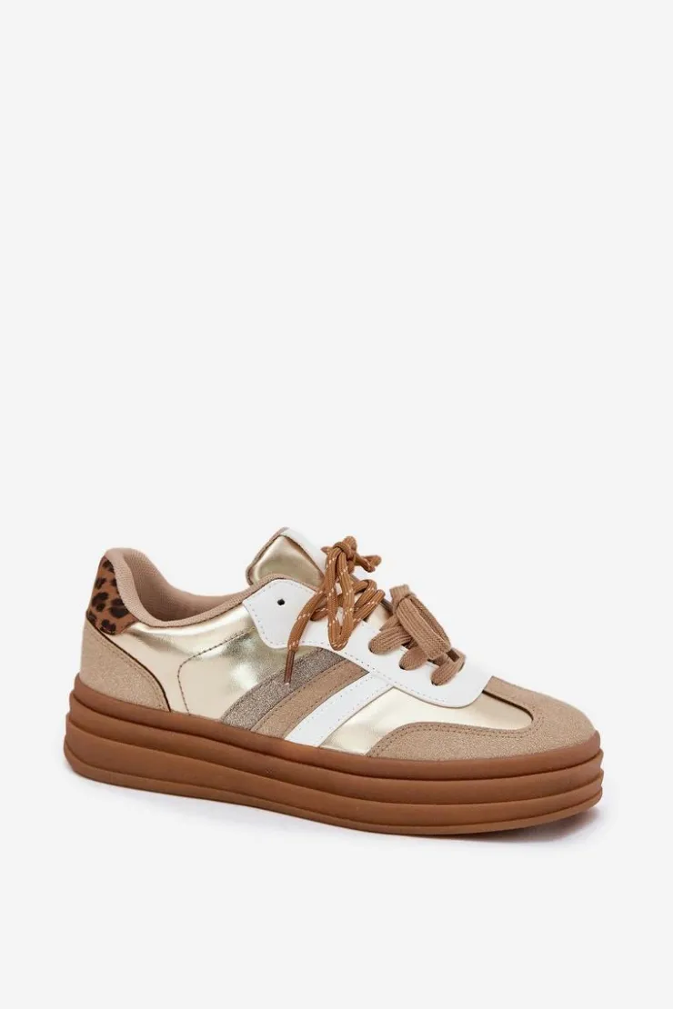 Boto Sneakersy Damskie*Sneakersy Damskie Na Platformie Z Podwójnym Sznurowaniem Panterka Złote Niteria Złoty