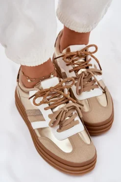 Boto Sneakersy Damskie*Sneakersy Damskie Na Platformie Z Podwójnym Sznurowaniem Panterka Złote Niteria Złoty