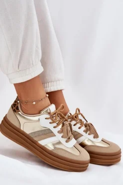 Boto Sneakersy Damskie*Sneakersy Damskie Na Platformie Z Podwójnym Sznurowaniem Panterka Złote Niteria Złoty