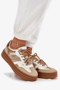 Boto Sneakersy Damskie*Sneakersy Damskie Na Platformie Z Podwójnym Sznurowaniem Panterka Złote Niteria Złoty