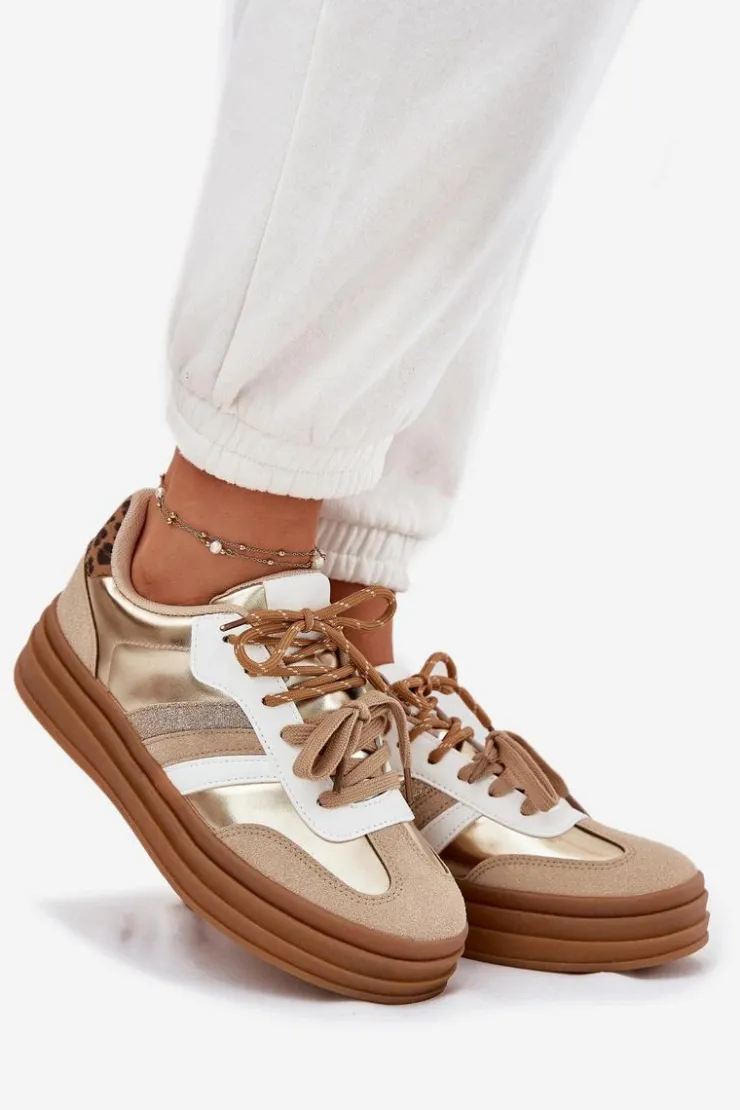 Boto Sneakersy Damskie*Sneakersy Damskie Na Platformie Z Podwójnym Sznurowaniem Panterka Złote Niteria Złoty