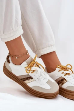Damskie Boto Sneakersy Damskie Na Platformie Z Podwójnym Sznurowaniem Panterka Białe Niteria