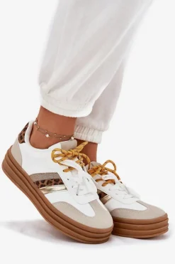 Damskie Boto Sneakersy Damskie Na Platformie Z Podwójnym Sznurowaniem Panterka Białe Niteria