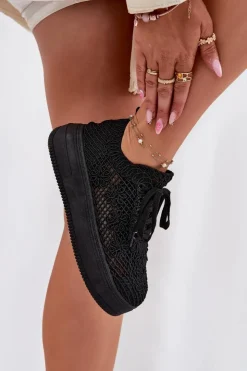 Boto Sneakersy Damskie Na Platformie Z Szydełkową Cholewką Czarne Mirietto