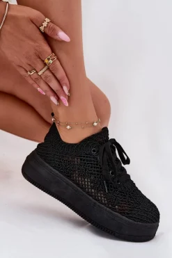 Boto Sneakersy Damskie Na Platformie Z Szydełkową Cholewką Czarne Mirietto