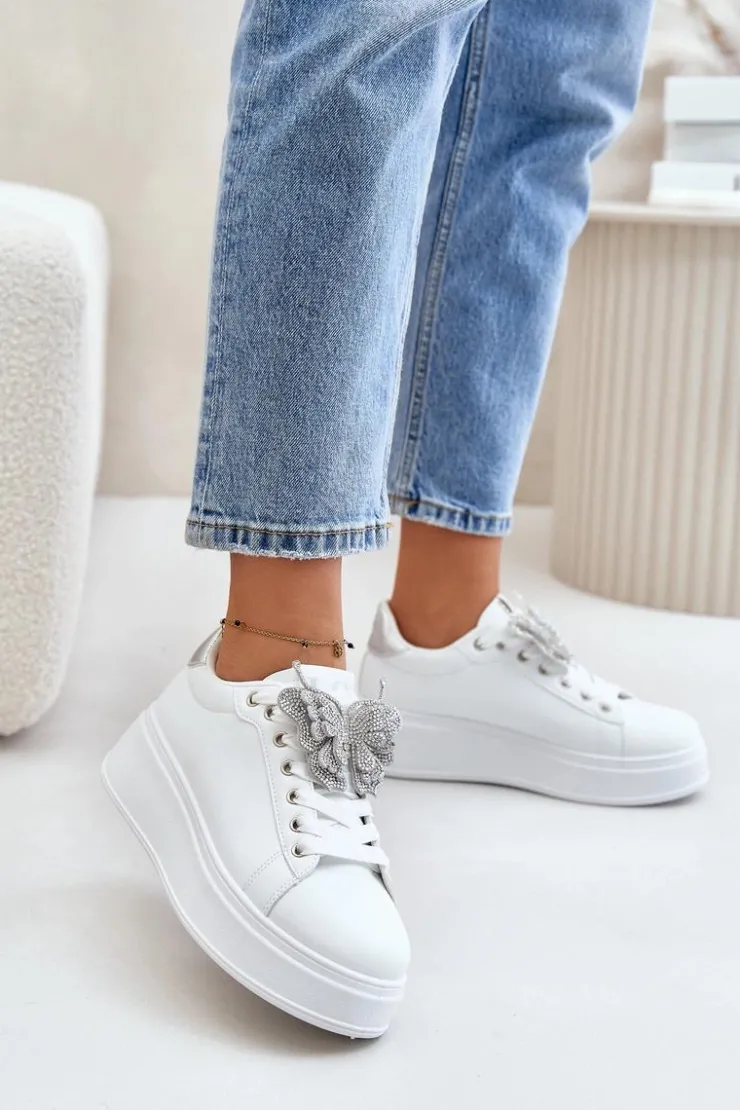 Damskie Boto Sneakersy Damskie Na Platformie Z Motylem Biało-Srebrne Naritevia