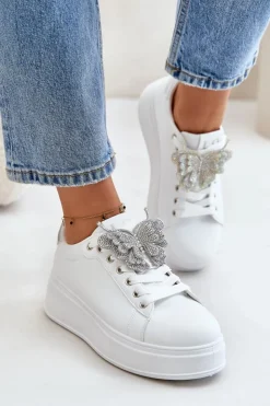 Damskie Boto Sneakersy Damskie Na Platformie Z Motylem Biało-Srebrne Naritevia