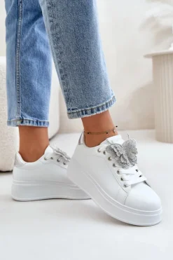 Damskie Boto Sneakersy Damskie Na Platformie Z Motylem Biało-Srebrne Naritevia