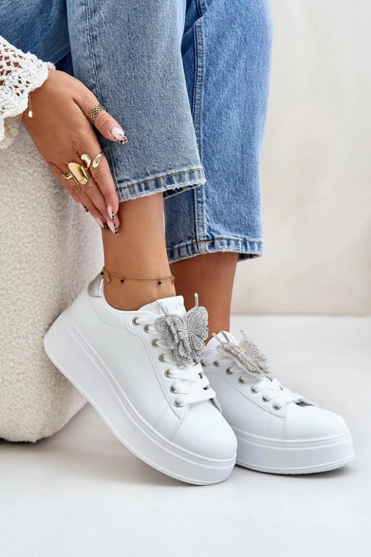 Damskie Boto Sneakersy Damskie Na Platformie Z Motylem Biało-Srebrne Naritevia