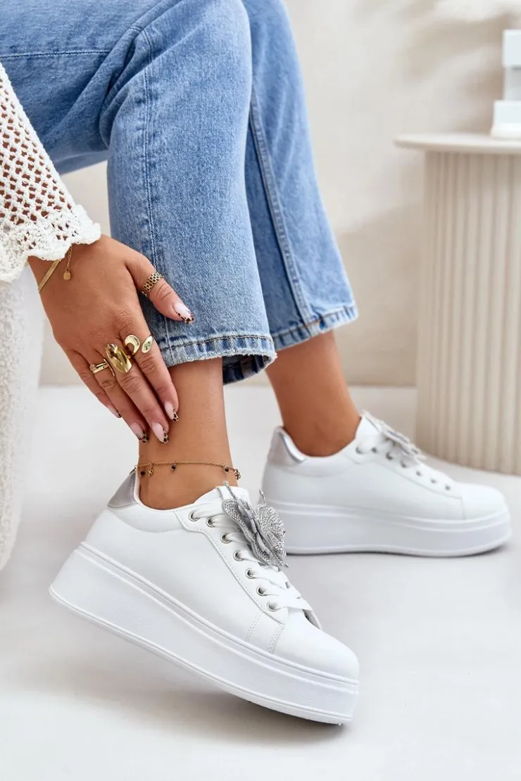 Damskie Boto Sneakersy Damskie Na Platformie Z Motylem Biało-Srebrne Naritevia