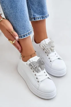 Damskie Boto Sneakersy Damskie Na Platformie Z Motylem Biało-Srebrne Naritevia